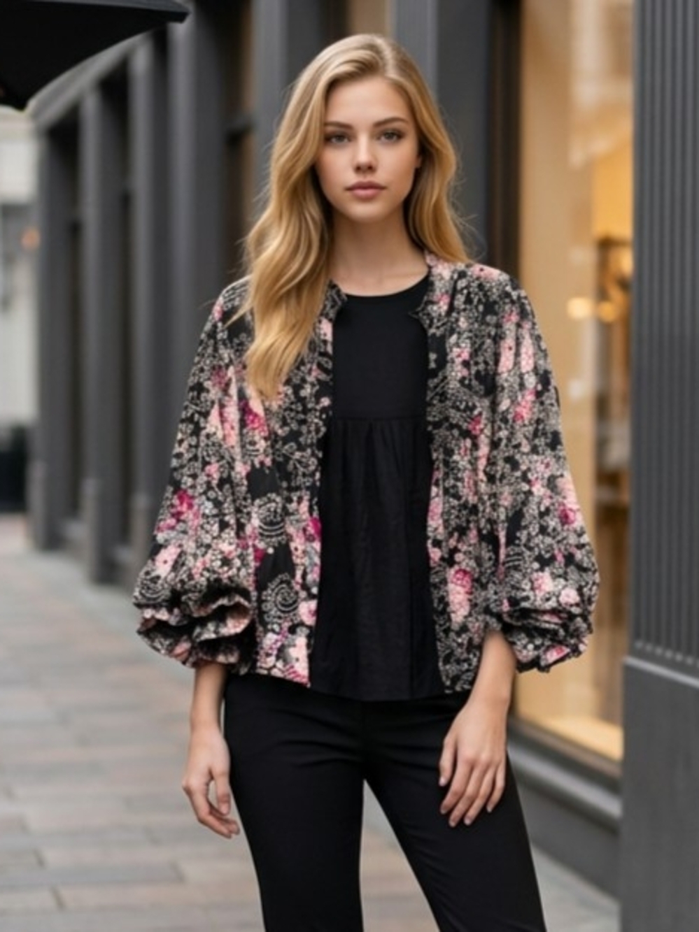 Fate Blouse W/Vibrant Floral Pattern, Black Background, Button-up, Lined M EUC